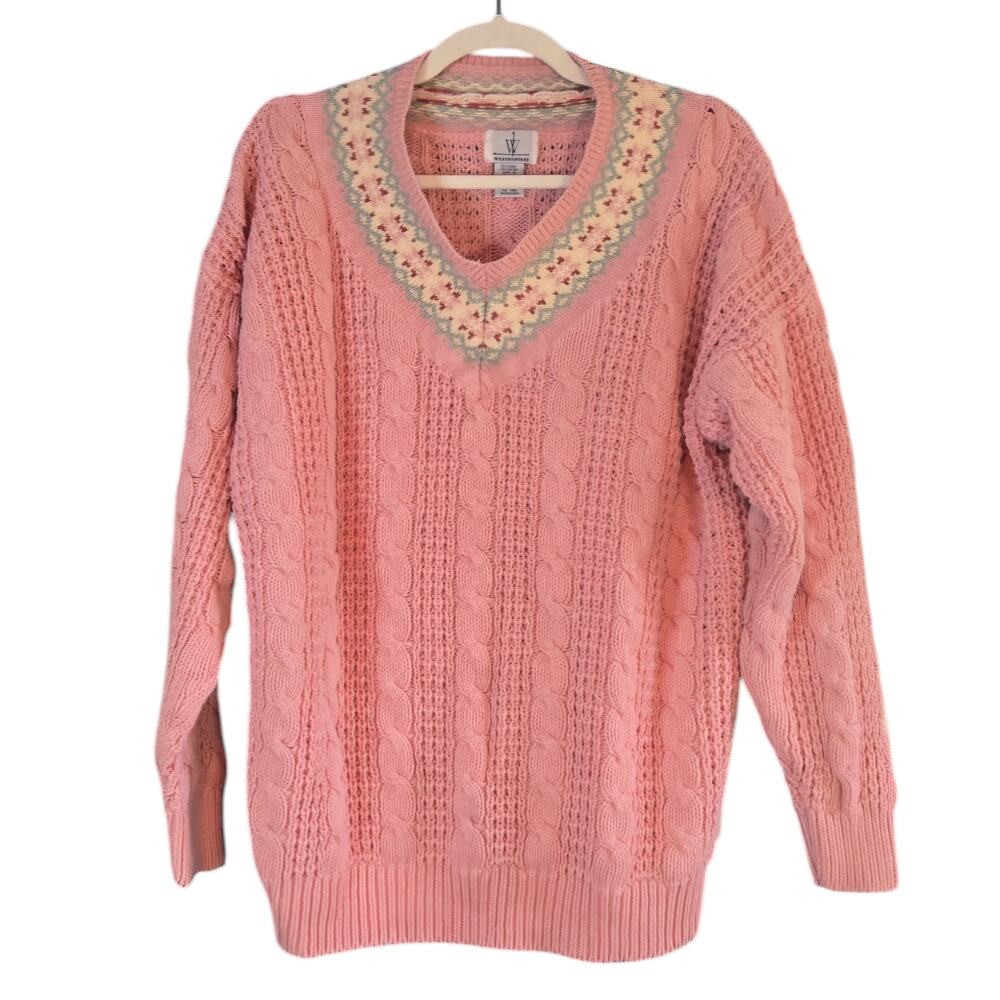 Pink WeatherVane Sweater floral bordered V Neck